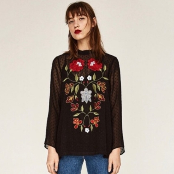 Zara Tops - Zara black long sleeve embroidered sheer top size L